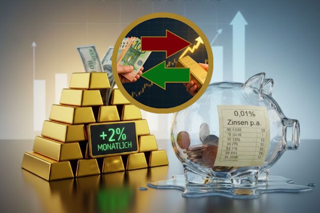 Goldbarren mit Infotafel 2 % pro Monat, daneben gläsernes Sparschwein mit 0,01 % Zinsen pro Jahr