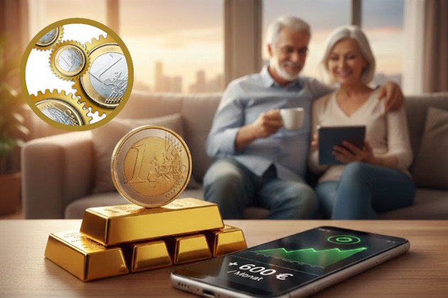 Tisch mit Goldbarren und Handy-App, dahinter Rentner-Ehepaar auf Wohnzimmercouch.