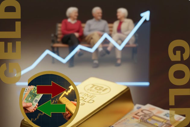 Goldbarren und Finanzchart nach oben, Hintergrund 3 Rentner auf Parkbank