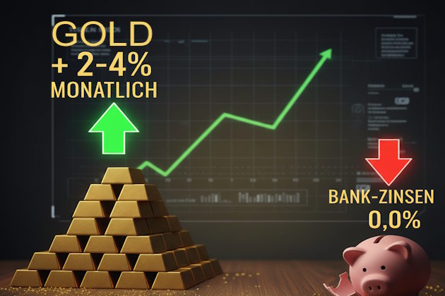 Goldbarren mit Pfeil nach oben zu 2 bis 4 % monatlich und zerbrochenes Sparschwein mit Pfeil nach unten zu 0,0 % Zinsen