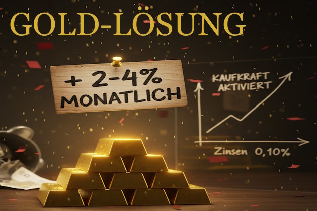 Fotomontage Gold-Lösung: Goldbaren  mit Tafel + 2-4 % monatlich und Chart Kaufkraft mit Pfeil nach oben
