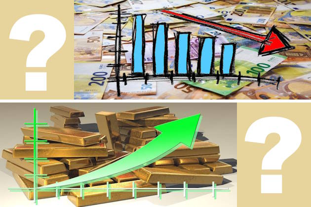 Geld mit fallendem Chart, Gold mit steigendem Chart. Was ist krisensicherer?