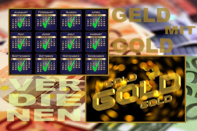 Geldscheine, Gold, Monatskalender, Schrift Geld mit Gold verdienen