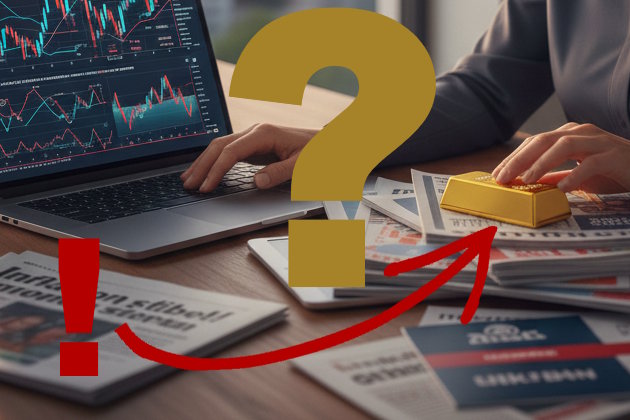 Schreibtischplatte mit Laptop-Bildschirm, darauf Finanzchart, daneben mehrere Anlageprospekte und Goldbarren.