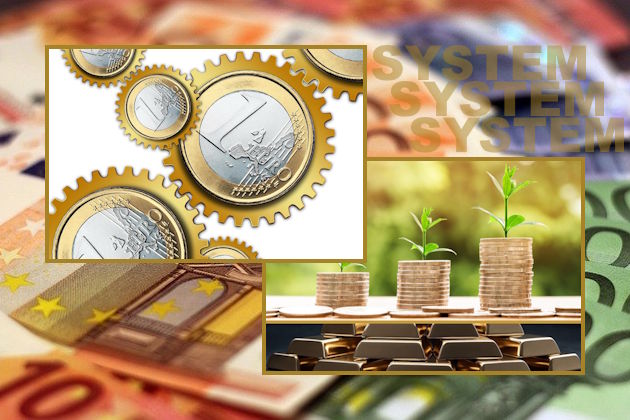 Geldscheine, wachsende Geldstapel, Euro-Zahnräder als System