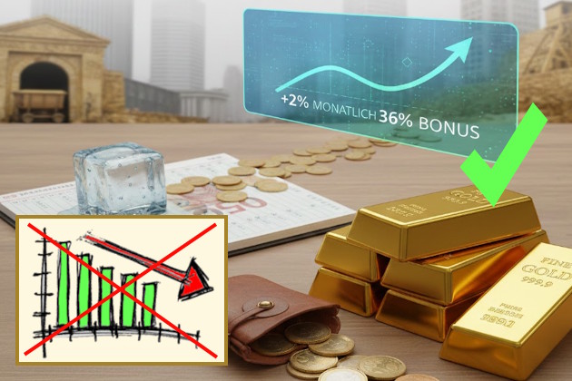 Schreibtischplatte mit Goldbarren, Sparbuch und Bargeld, dahinter Finanzchart mit steigendem Kurs als Symbol für Schutz Ihres Geldes vor Inflation