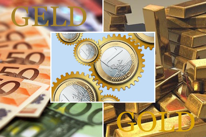 Zahnräder aus Euromünzen, im Hintergrund Eurogeldscheine und Goldbarren