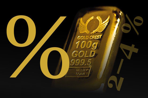 Goldbarren auf schwarzem Hintergrund mit Prozentzeichen für 2–4 % Rabatte auf Goldkauf