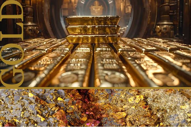 Tresor mit gelagerten Goldbarren, darunter Goldader