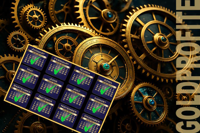 Goldenes Uhrwerk, darüber Jahreskalender mit grünen Haken bei jedem Monat