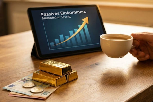 Schreibtisch: Tablet mit steigendem Finanzchart, daneben Bargeld, Goldbarren und Hand mit Kaffeetasse