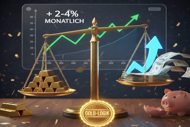 Waage mit Goldbarren und Geldscheinen, dahinter Chart mit Pfeil nach Oben für mehr Geld