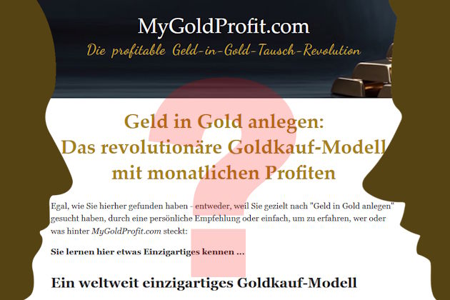 Website MyGoldProfit.com, links und rechts der Schattenriss von Gesichtern