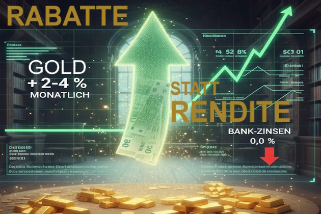 Fotomontage Gold mit Chart nach oben und Schrift 2-4 % Gold Rabatte statt Rendite