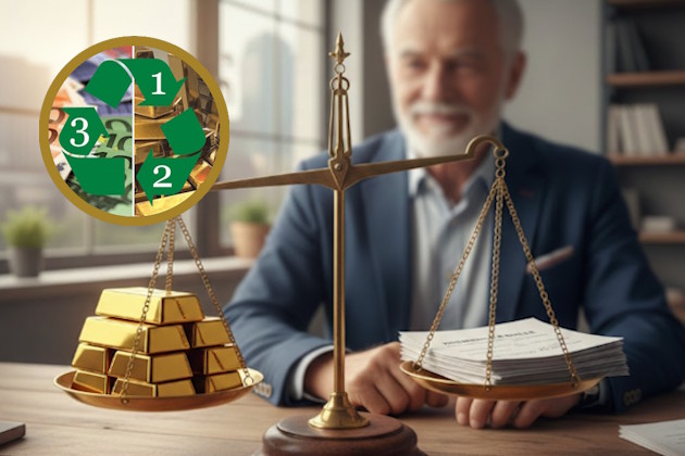 Schreibtisch mit Waage, links Goldbarren, rechts Versicherungspapiere, im Hintergrund Rentner