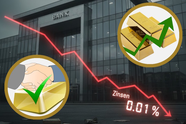Roter Finanzchart mit fallenden Zinsen bis 0,01 %, dahinter Bankgebäude, plus Icons für Goldkauf.