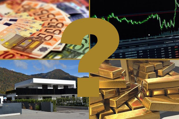Collage, bestehend aus: Geldscheinen, Finanzchart, Wohnhaus, Goldbarren, darüber Fragezeichen für 'Was ist die beste Geldanlage?'