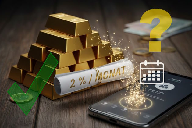 Tisch mit Goldbarren, dahinter Geld mit Fragezeichen