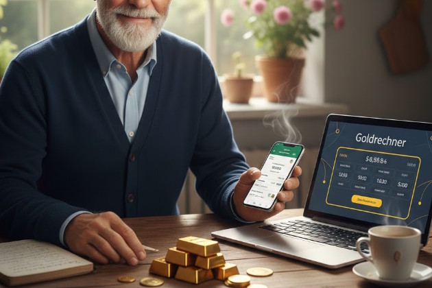 Rentner am Schreibtisch, darauf Goldbarren, Laptop mit Goldrechner, Tasse Kaffee