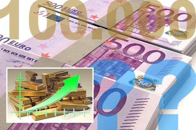 Geldbündel 100.000 Euro und Goldbarren mit steigendem Chart