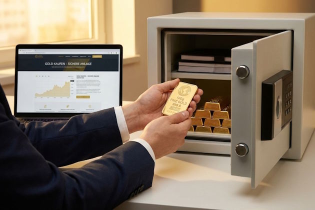 Schreibtisch mit Laptop und Finanzchart, Tresor, Hände mit Goldbarren