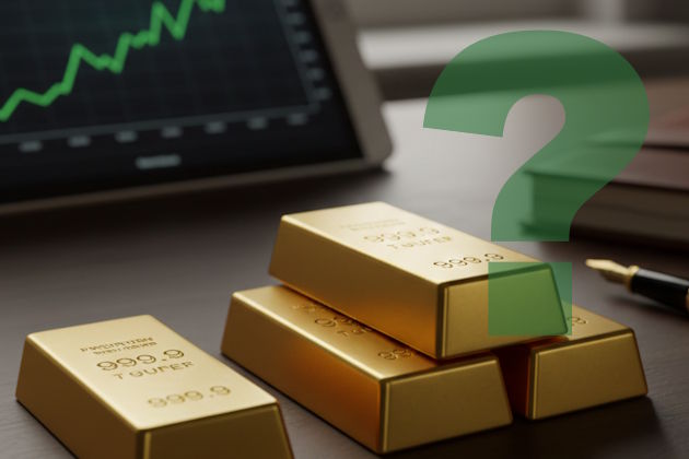 Goldbarren auf Schreibtisch vor Laptop mit Finanzchart, Fragezeichen