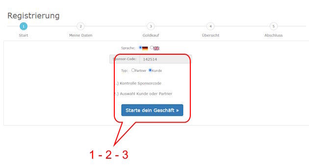 Anleitung "Jetzt Gold kaufen" & Registrierung, Schritte 1, 2, 3