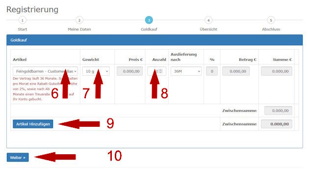 Anleitung "Jetzt Gold kaufen" & Registrierung, Schritte 6-10