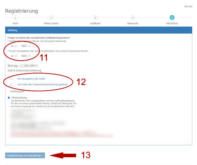 Anleitung "Jetzt Gold kaufen" & Registrierung, Schritte 11, 12, 13