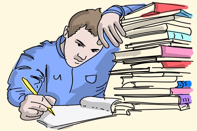 Illustration Studierender mit Bücherstapel