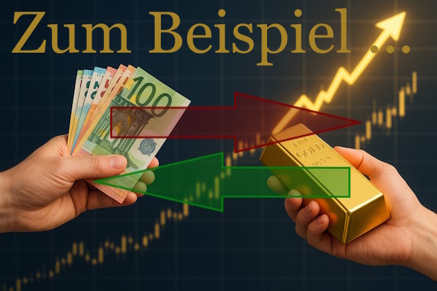 Geld in Gold tauschen, Hand mit Geldscheinen und Hand mit Goldbarren