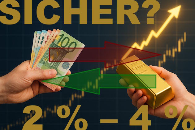 Tausch von Geld in Gold, links Hand mit Geldscheinen, rechts Hand mit Goldbarren.