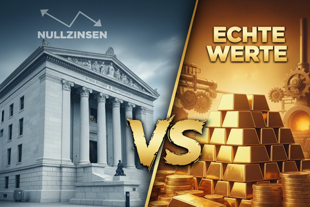 Linke Seite Bankgebäude und Nullzinsen, rechts Goldbarren als echte Werte