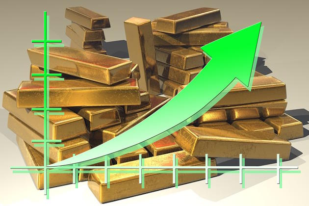 Viele Goldbarren, darüber Diagramm mit Pfeil nach oben für Wertsteigerung