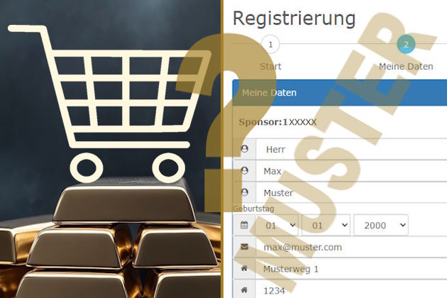 Einkaufswagen auf Goldbarren, daneben Muster online-Formular mit Fragezeichen