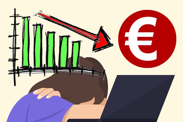 Enttäuschter Sparer, darüber Diagramm mit immer kleineren Balken und Pfeil nach unten = Wertverlust Ihres Geldes