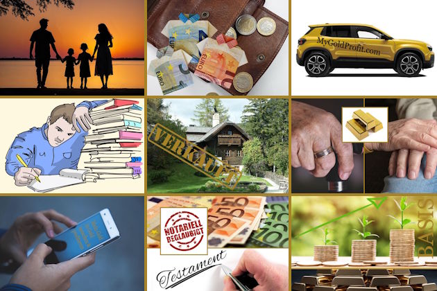 9 Bilder für Praxis-Beispiele Anwendung Goldkauf-Modell: Familienurlaub, neues Auto, Immobilienverkauf, Studium, Erbschaft etc.