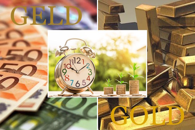 Geld und Gold, mit Wecker und wachsenden Geldstapeln als Bilddarstellung für "Wie kann ich mein Geld schnell vermehren"